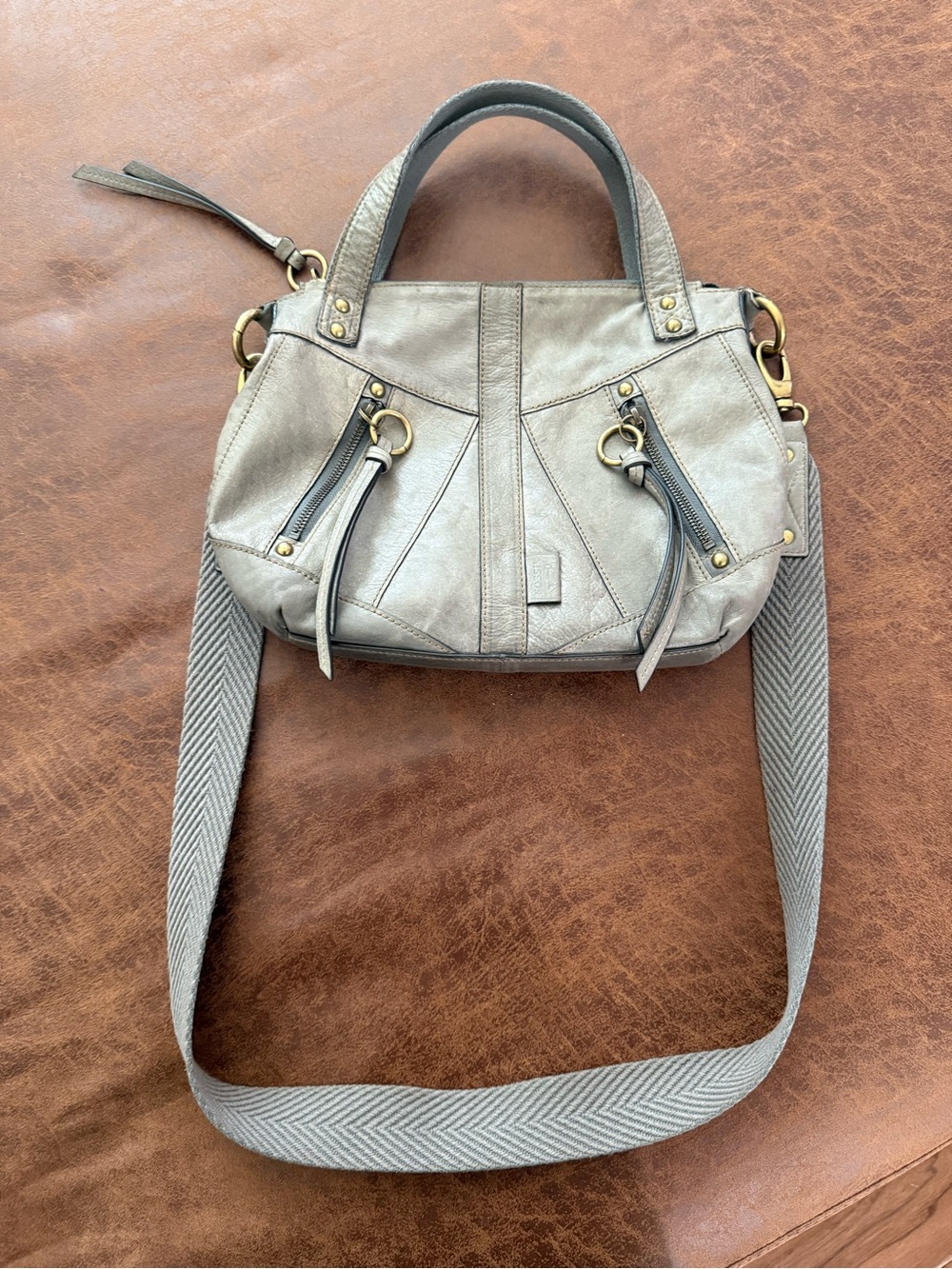 Fossil Light Gray Leather Satchel with Removable Webbing Strap